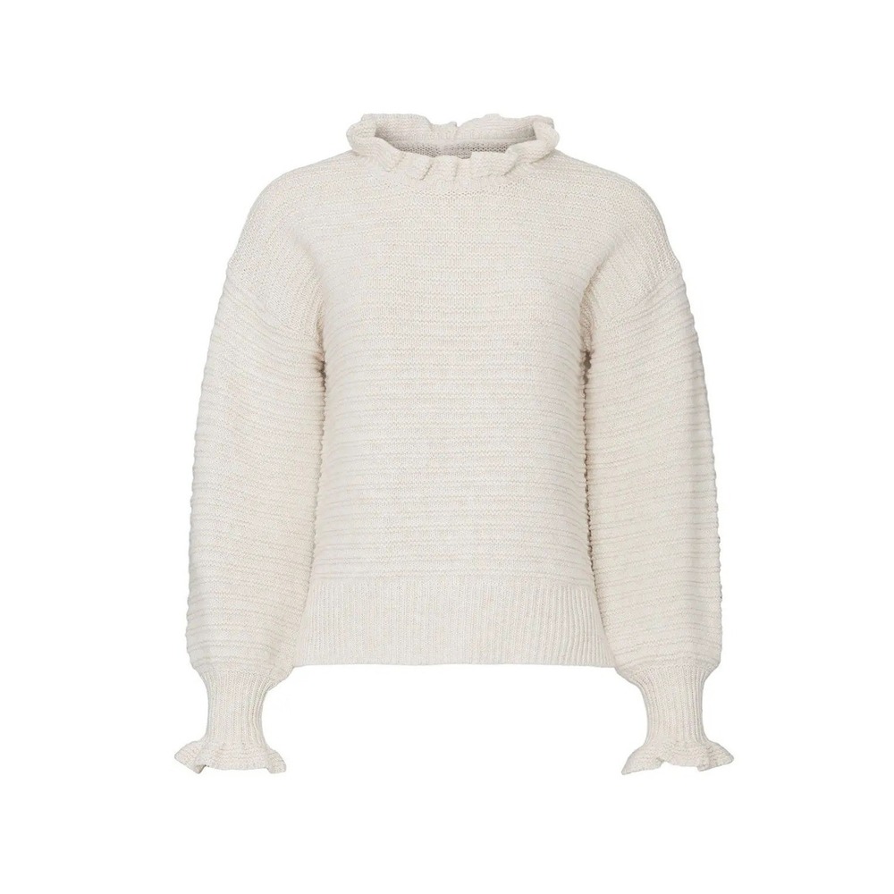 Madewell Sweater Womens M Beige Ruffle Neck Cotton Merino Wool Blend Pullover